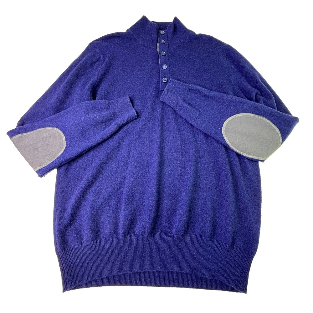 State Cashmere Sweater Mens L Blue Mock Neck 1/4 Button Elbow Patches A20-876